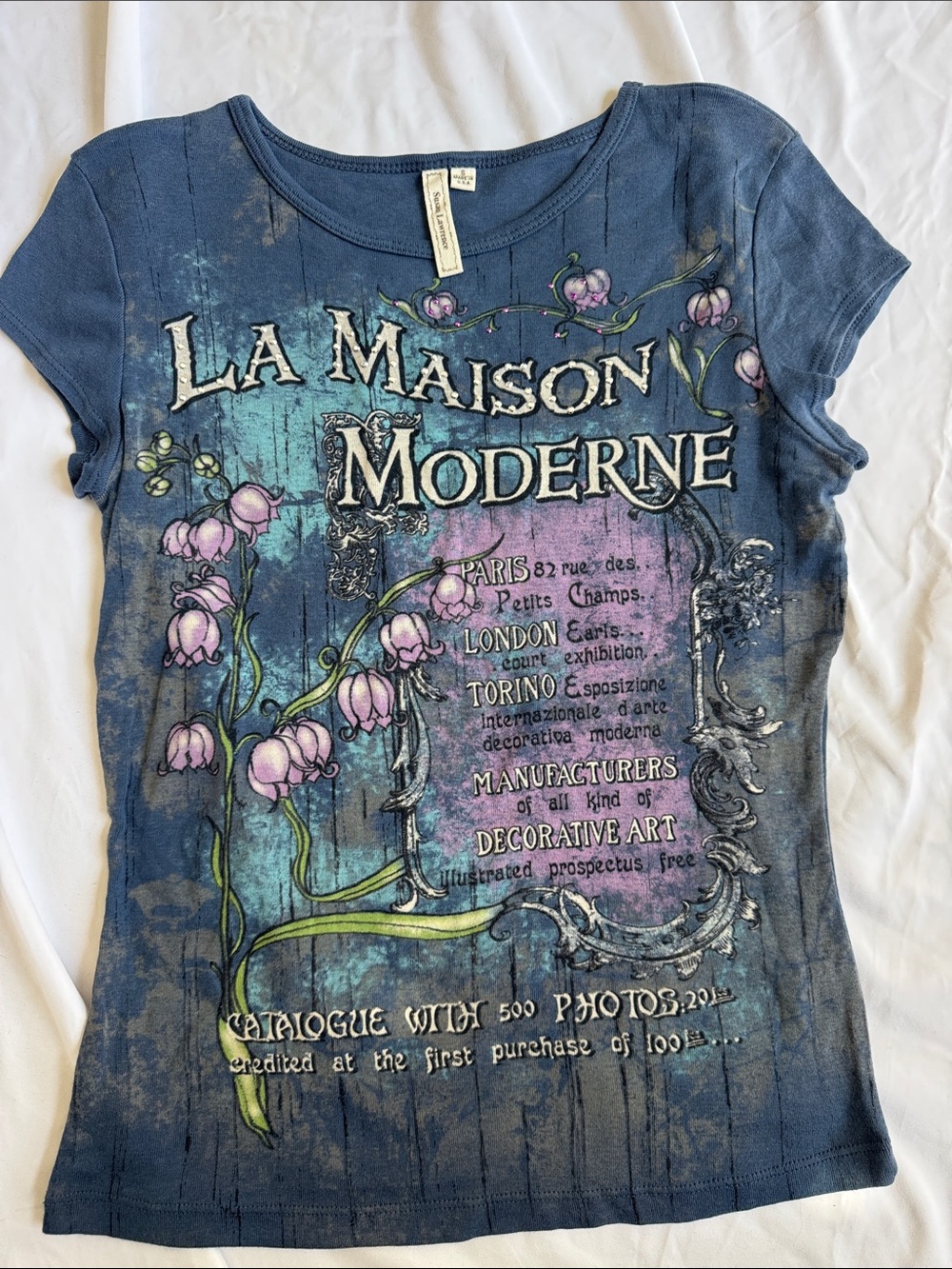 Susan Lawrence Blue Fairy Graphic Tee with Pink Floral Accents